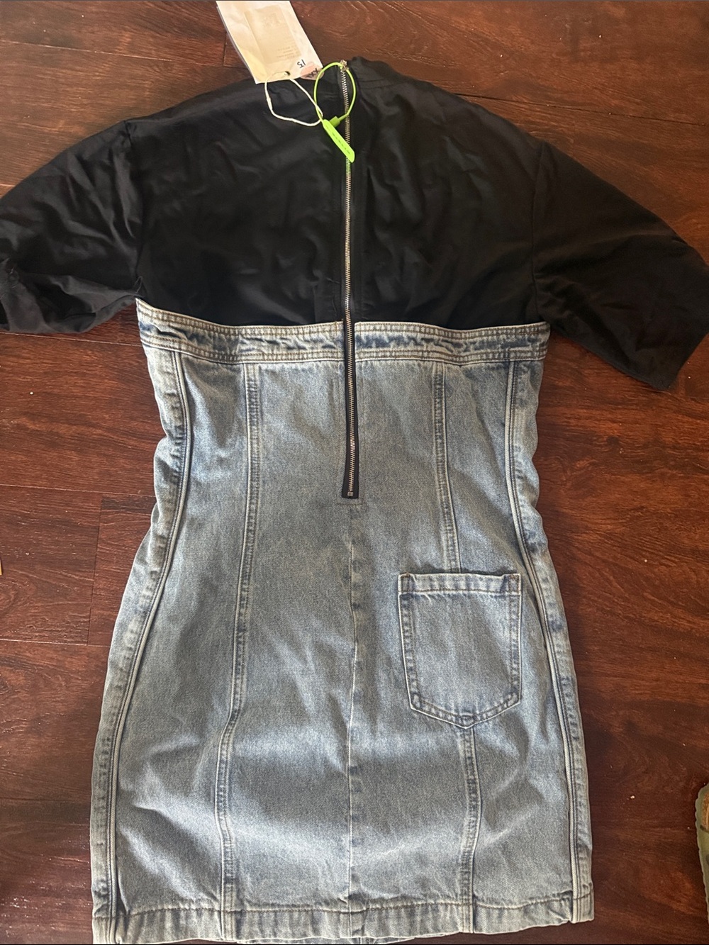 Mock-Neck Black & Light Blue Denim Mini Dress - Picture 4 of 4